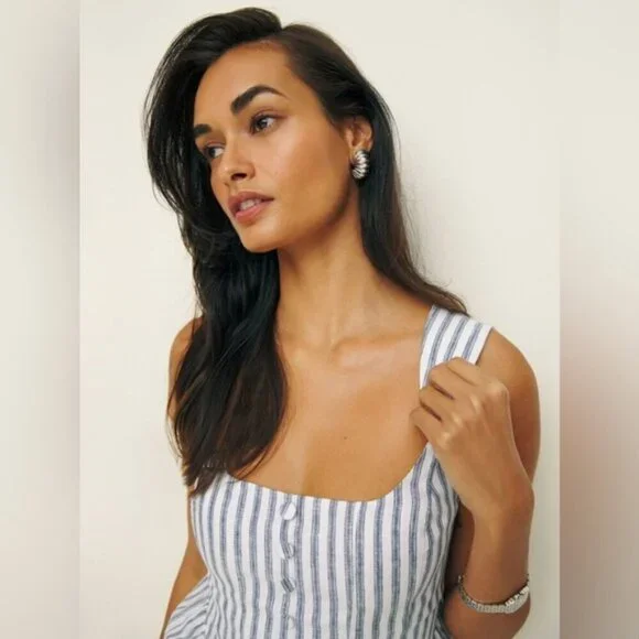 Reformation Evie Linen Top in Antibes Stripe Blue White Stripes | US 0 UK 4 - Picture 5 of 10